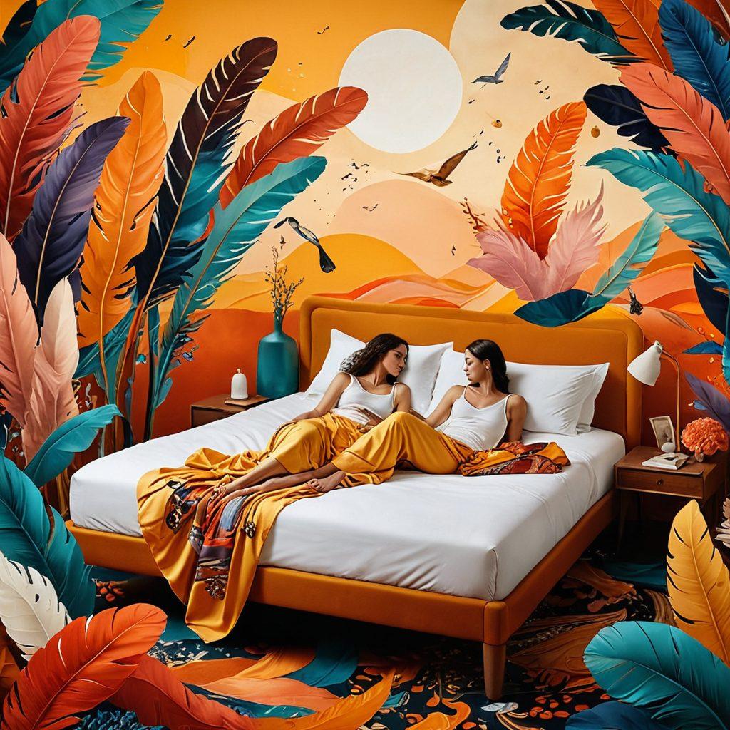 A surreal collage depicting a whimsical journey of intimacy, with flowing honeyed words transforming into vibrant fantasies. Include playful and erotic elements such as soft feathers, silk sheets, and abstract figures exploring their desires. Use warm colors blending into cooler tones, creating a sense of movement and exploration. infuse a dreamlike atmosphere with whimsical patterns and symbols of love. dreamy illustration. vibrant colors. abstract art.