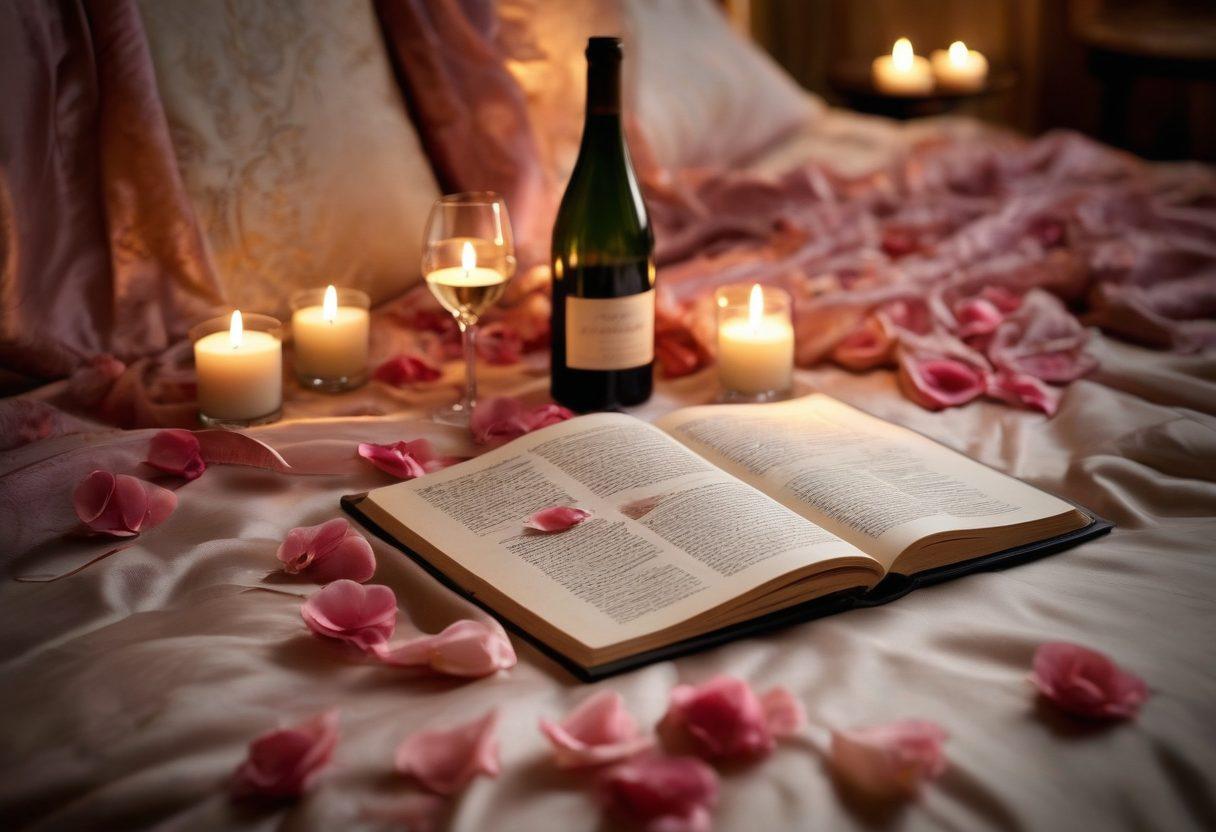 A cozy, dimly lit room with soft, flowing fabrics draped over plush furniture; a candle flickers in the corner casting warm, inviting shadows. Delicate rose petals scatter on the floor, and an open book with elegant illustrations rests on a silk sheet, surrounded by sensuous objects like fine wine and champagne flutes. The atmosphere is intimate and tantalizing, evoking sensuality and allure. super-realistic. warm tones. soft focus.