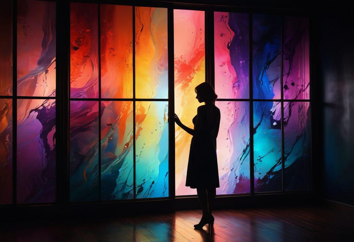 A surreal illustration of a shadowy figure peering through a fragmented glass window into a vibrant room filled with sensual artwork and alluring silhouettes, surrounded by vibrant colors that evoke mystery. Accentuate the contrasting emotions of desire and intrigue with soft, swirling lights and hidden elements that hint at adult themes, creating an inviting yet forbidden vibe. dreamlike. vibrant colors. abstract.